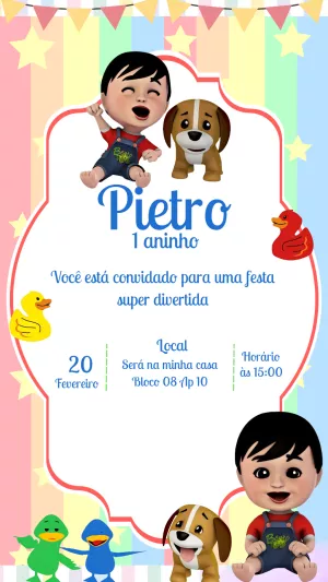 Convite de Aniversário Bento e Totó Sentadinhos para Editar