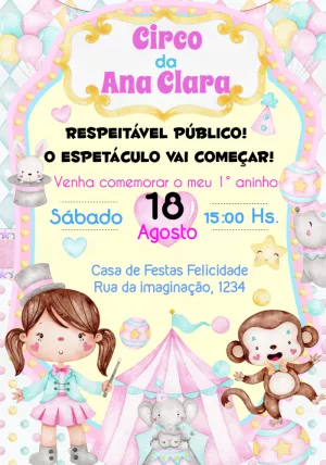 Convite Aniversário Circo Rosa Menina para Editar Online