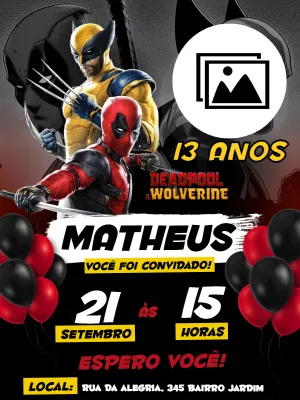 Convite Aniversário Deadpool e Wolverine com Foto para Editar