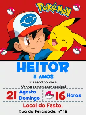 Convite de Aniversário Pokémon com Ash e Pikachu para Editar