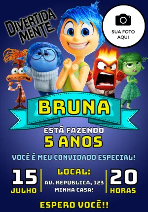 Convite Aniversário Divertida Mente com Foto para Editar Online