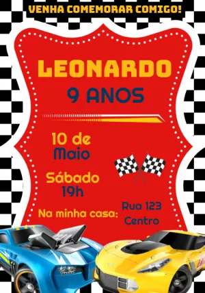 Convite Aniversário Carros de Corrida para Editar Online
