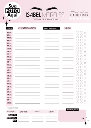 Agenda Diária para Designer de Sobrancelhas Editável Online
