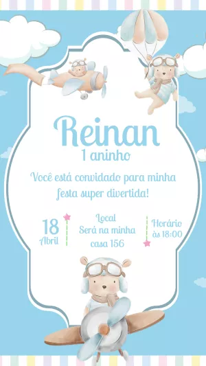 Convite Aniversário Ursinho Aviador para Editar Online