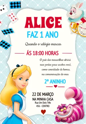 Convite Aniversário Alice no País das Maravilhas para Editar