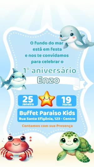 Convite de Aniversário Fundo do Mar com Animais para Editar