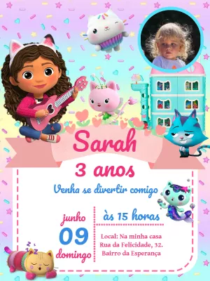 Convite Aniversário Casa Mágica da Gabby com Foto para Editar