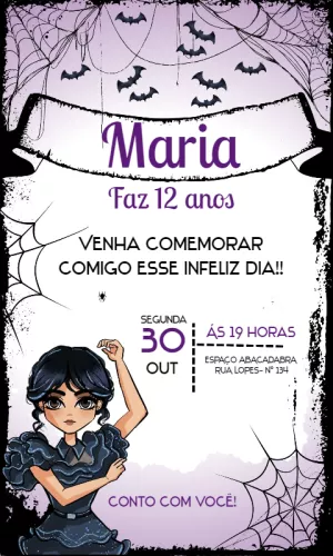 Convite Aniversário Wandinha Addams para Editar Online