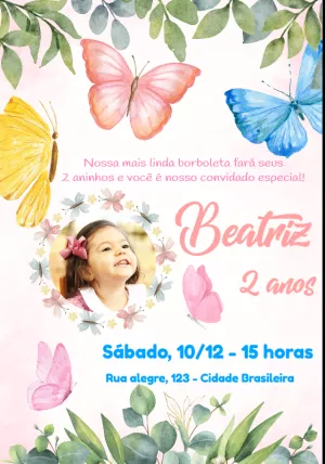 Convite Aniversário Jardim das Borboletas com Foto para Editar
