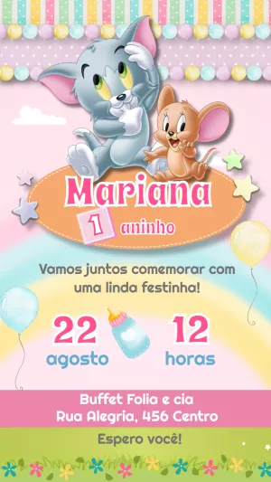 Convite Aniversário Tom e Jerry Baby para Editar Online