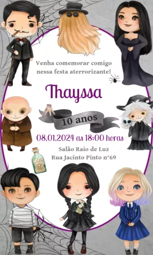 Convite Aniversário Wandinha Família Addams para Editar