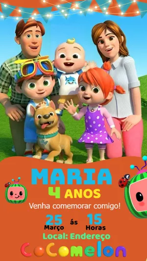 Convite de Aniversário Cocomelon com Personagens para Editar
