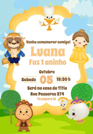 Convite de Aniversário A Bela e a Fera para Editar Online