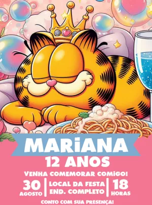 Convite de Aniversário Garfield para Editar e Imprimir