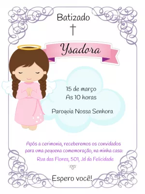 Convite de Batizado Anjinha Rosa para Editar Online