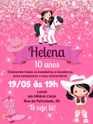 Convite Aniversário Boiadeira Rosa para Editar Online