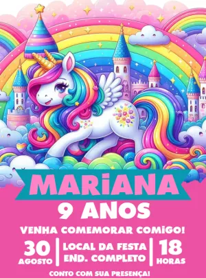 Convite Aniversário Unicórnio Mágico para Editar Online