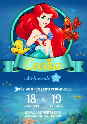 Convite Aniversário Ariel A Pequena Sereia para Editar