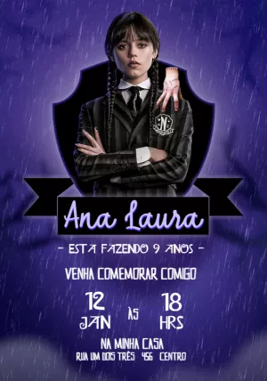 Convite Aniversário Wandinha Addams para Editar Online