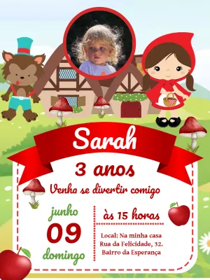 Convite Aniversário Chapéuzinho Vermelho com Foto para Editar