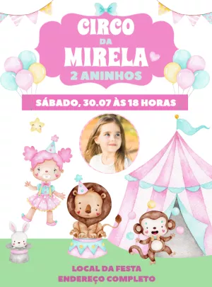 Convite Aniversário Circo Rosa com Foto para Editar Online