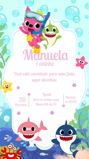 Convite de Aniversário Baby Shark para Editar Online e Imprimir