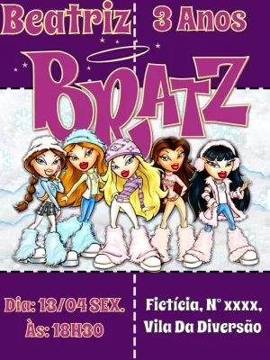 Convite de Aniversário Bratz com as Bonecas para Editar Online
