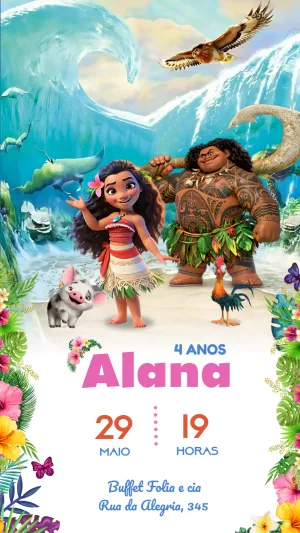 Convite de Aniversário Moana com Personagens para Editar Online