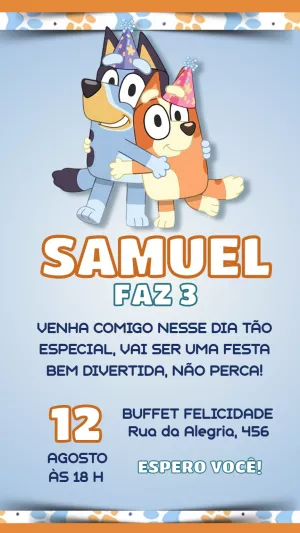 Convite de Aniversário Bluey e Bingo para Editar Online