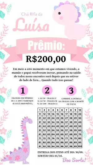 Chá Rifa Dinossauro Rosa Menina para Editar Online