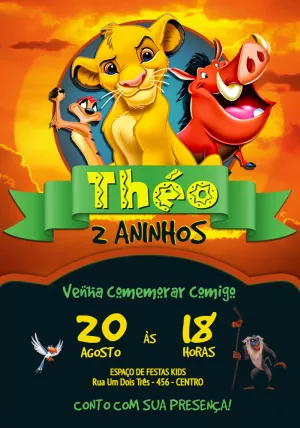 Convite Aniversário O Rei Leão com Simba e Amigos para Editar