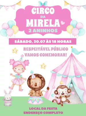 Convite Aniversário Circo Rosa com Animais para Editar Online