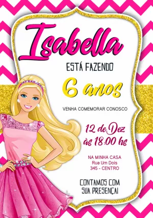 Convite Aniversário Barbie Rosa e Dourado para Editar Online