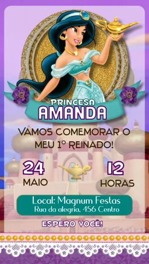 Convite de Aniversário Princesa Jasmine para Editar Online