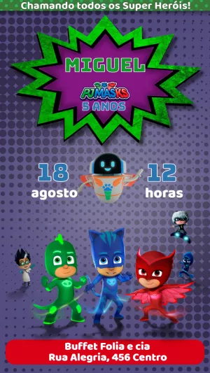 Convite Aniversário PJ Masks para Editar Online