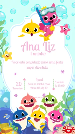 Convite de Aniversário Baby Shark com a Turma para Editar Online