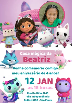 Convite Aniversário Casa Mágica da Gabby com Foto para Editar