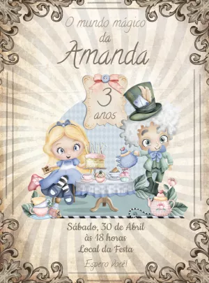 Convite Aniversário Alice no País das Maravilhas para Editar