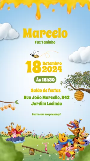 Convite de Aniversário Ursinho Pooh e Turma para Editar Online