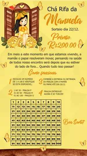 Convite Chá Rifa Menina com Flores e Borboletas para Editar