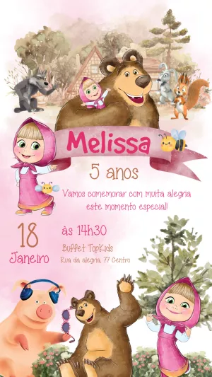 Convite Aniversário Masha e o Urso Aquarela para Editar Online