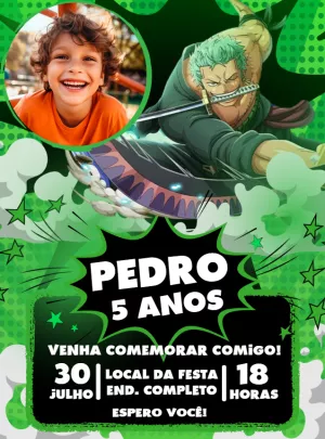 Convite Aniversário One Piece Zoro com Foto para Editar