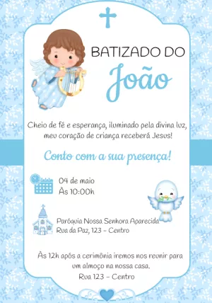 Convite de Batizado Menino Anjo Azul para Editar Online