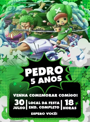 Convite Aniversário One Piece Zoro e Chopper para Editar Online
