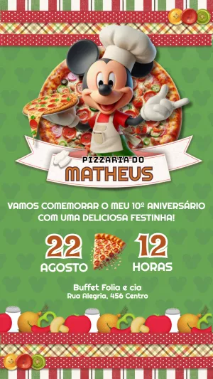 Convite Editável de Aniversário Tema Pizzaria do Mickey