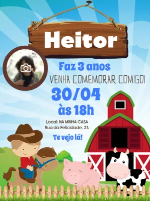 Convite Aniversário Fazendinha com Foto para Editar Online