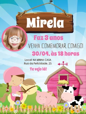 Convite Aniversário Fazendinha Rosa com Foto para Editar Online