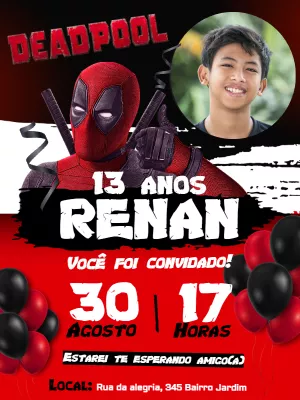Convite Aniversário Deadpool com Foto para Editar Online