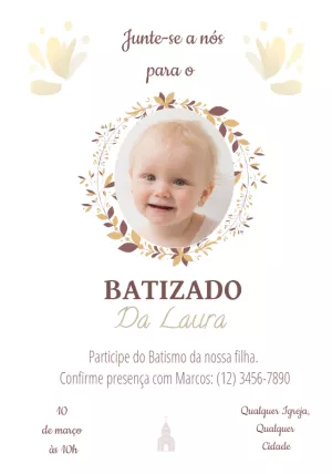 Convite de Batizado Floral com Foto para Editar Online