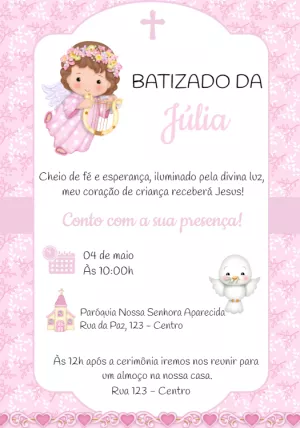 Convite Batizado Menina Anjinha Rosa para Editar Online